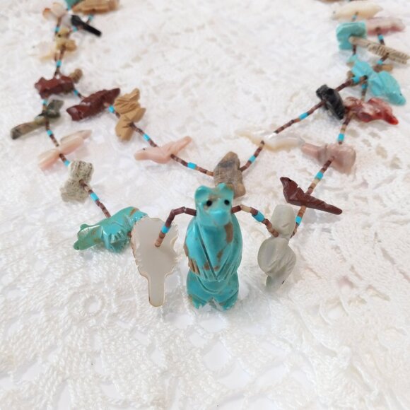 Vintage Two-Strand Turquoise MOP Navajo Indian Fetish Necklace - Picture 11 of 15